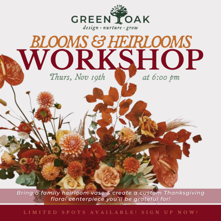 Blooms & Heirlooms Thanksgiving Floral Workshop at Green Oak in Jackson, MS, featuring a fall centerpiece